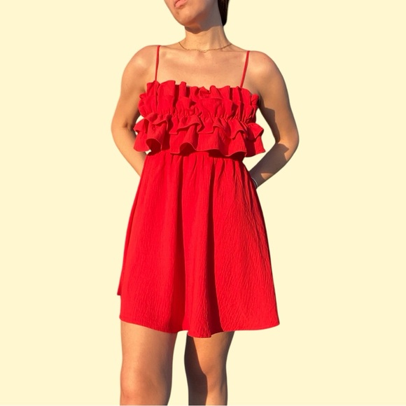 Red Ruffled Tiered Mini Sundress - Picture 2 of 3
